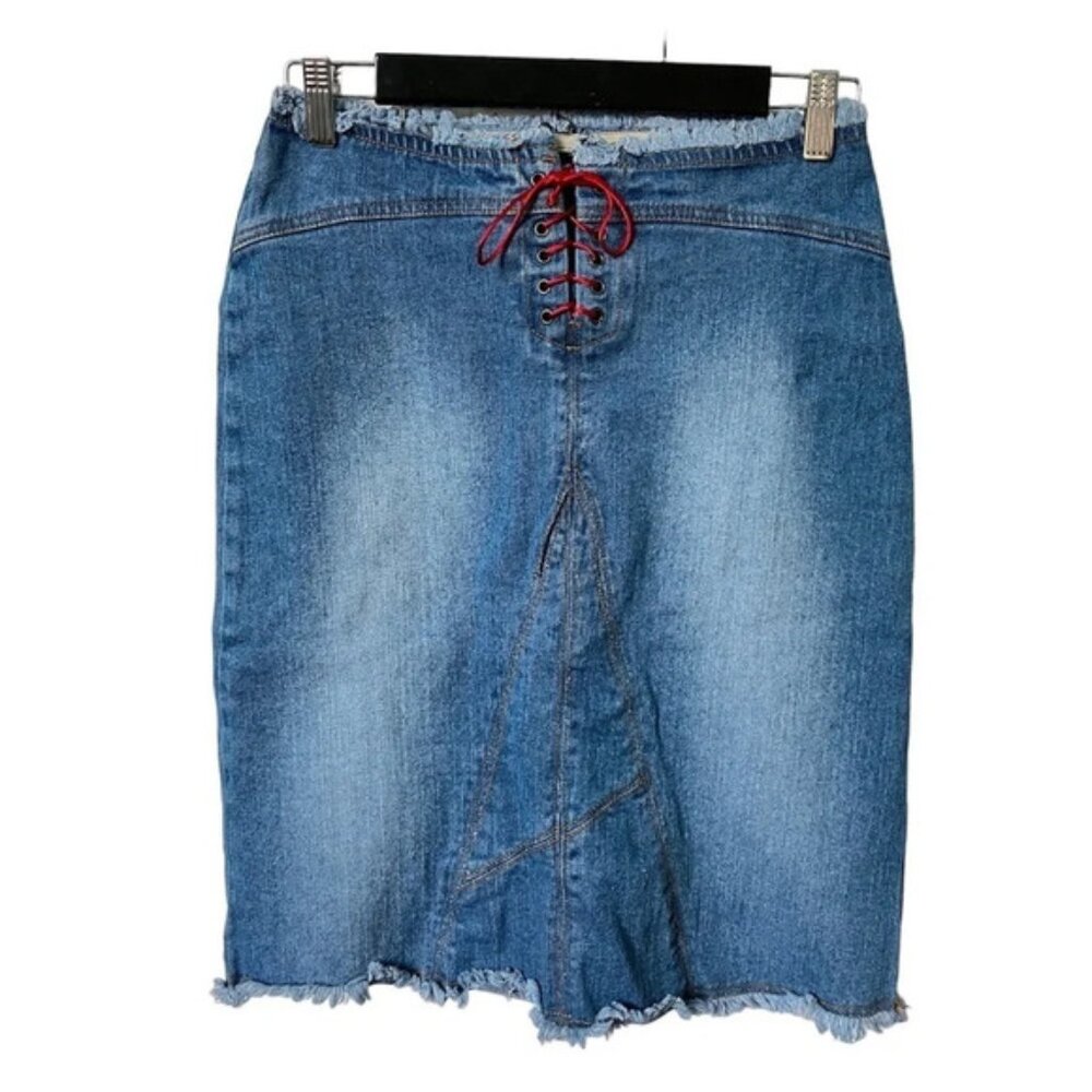 Vintage Y2K Naked Angels Lace Front Faded Denim Pencil Jean Skirt